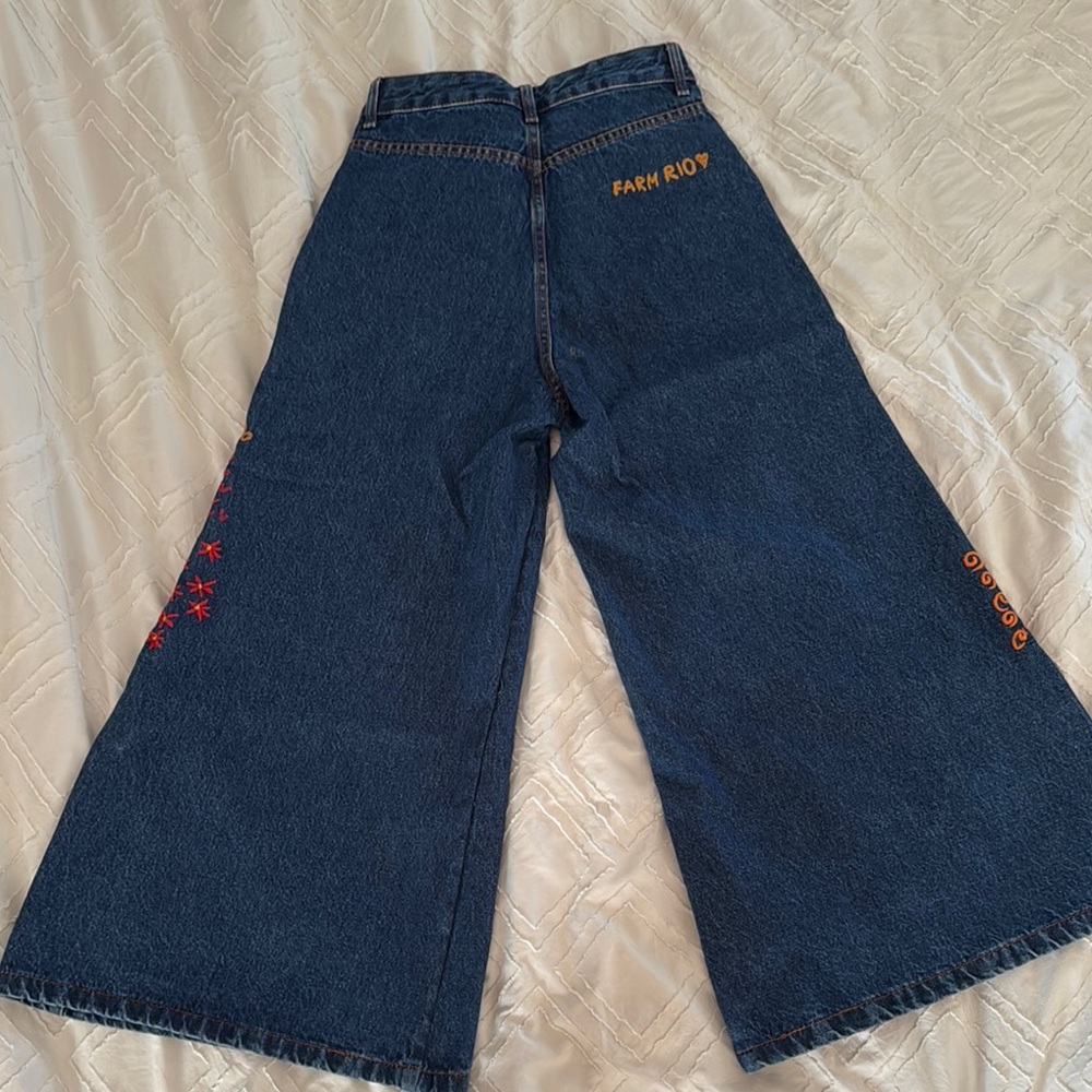 Farm Rio Wide Leg Embroidered Animals Dark Blue Jeans- Brazil Size 34 - Picture 9 of 10